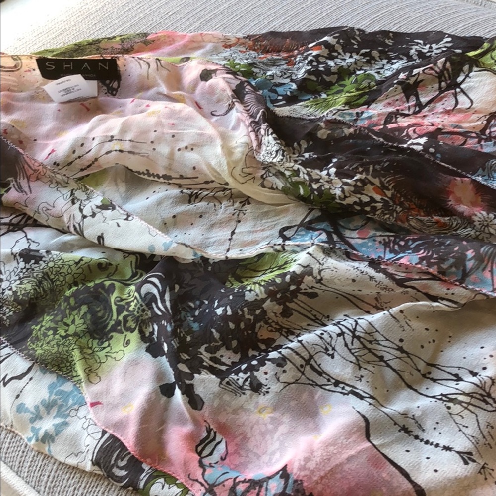 SHAN, scarf/swimwear silk coverup. 33” W x 34” L.